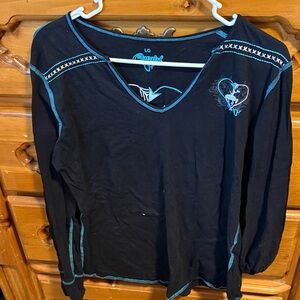 C.C. Heart Embroidered Black Long-Sleeve V-Neck Top with Teal Trim